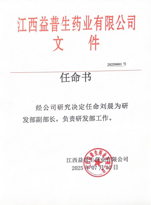 公司人事任命：任命刘晨为研发部副部长